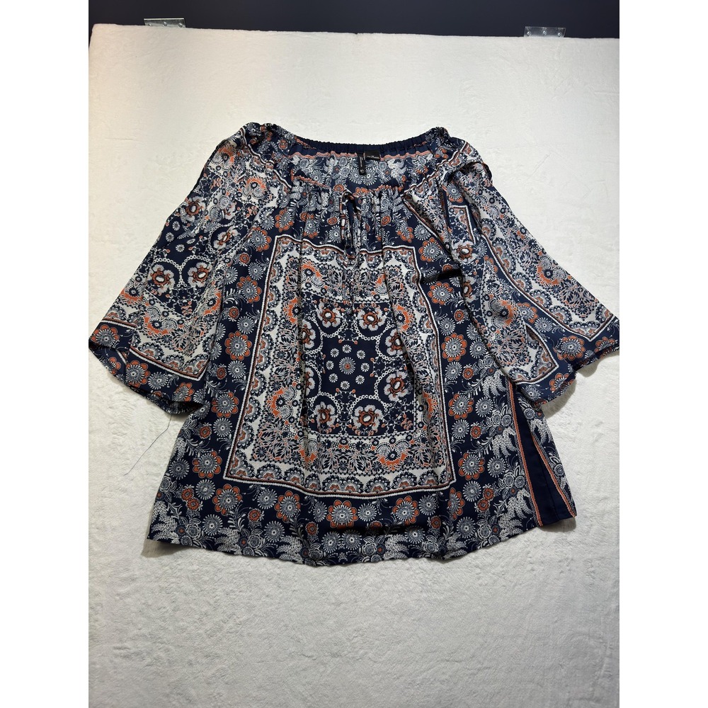 New Directions Shirt Womens 1X Blue Floral‎ Boho Peasant Tunic Blouse 3/4 Sleeve